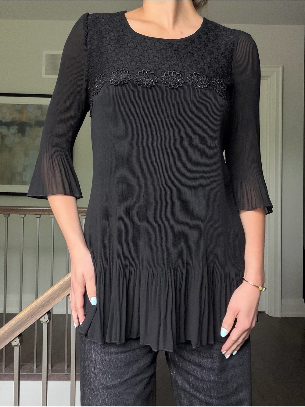 Women's Black Pleated Lace Top